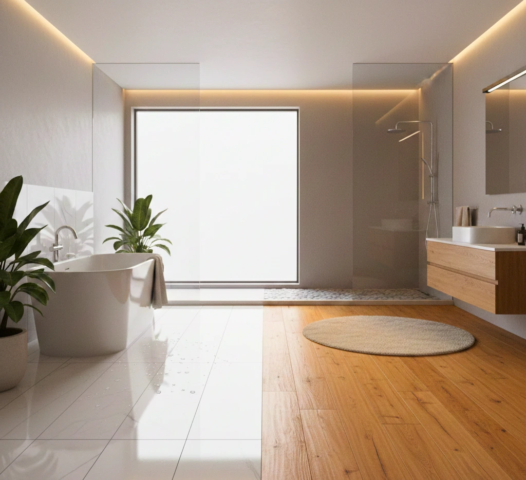 Modern bathroom floor split between polished white tiles and warm natural wood planks