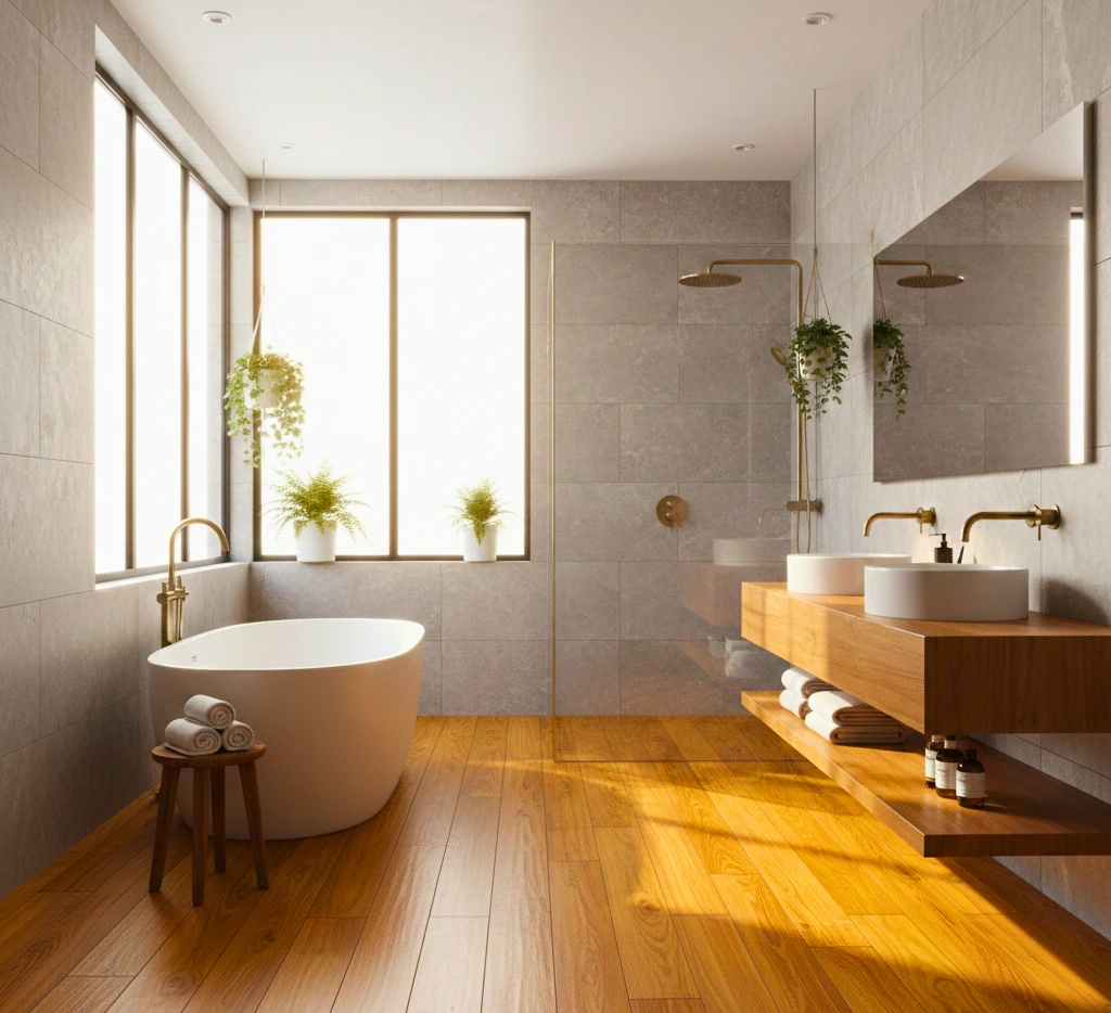 A luxury modern bathroom with warm teak wood flooring, a freestanding white bathtub, and a floating wooden vanity under soft, natural light.